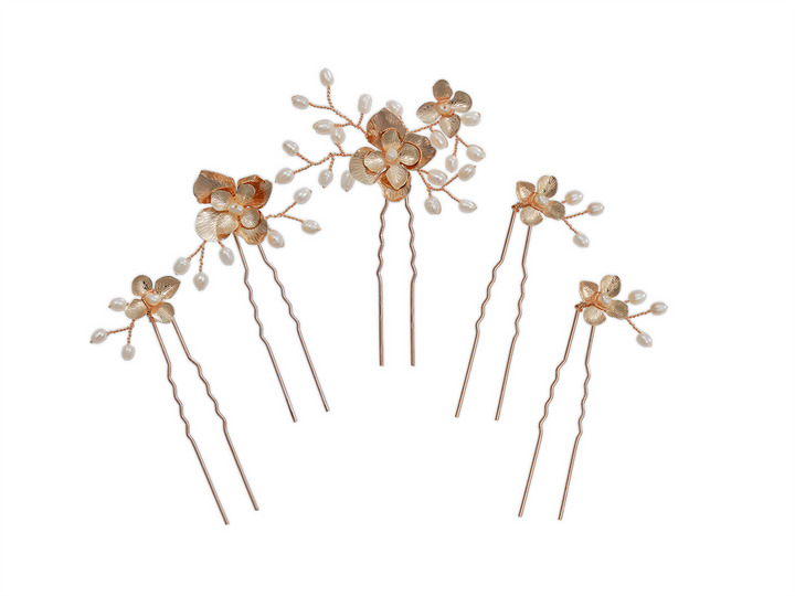 Gaia - Golden Flower and Freshwater pearls Hair Pin Set (x5)